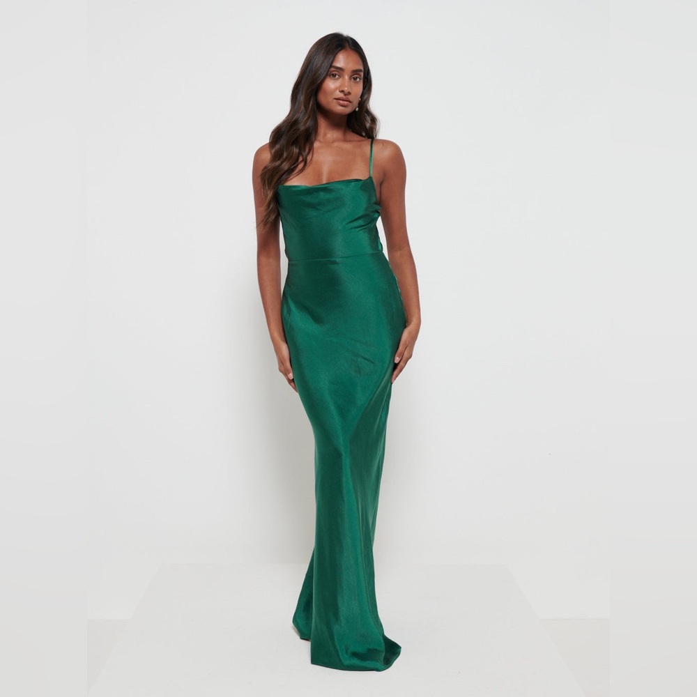 Satin Emerald Green Cowl Neck Maxi Dress